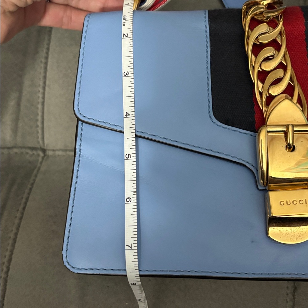 Gucci Sylvie Light Blue Crossbody Bag with Red and Gold Details - Picture 16 of 16